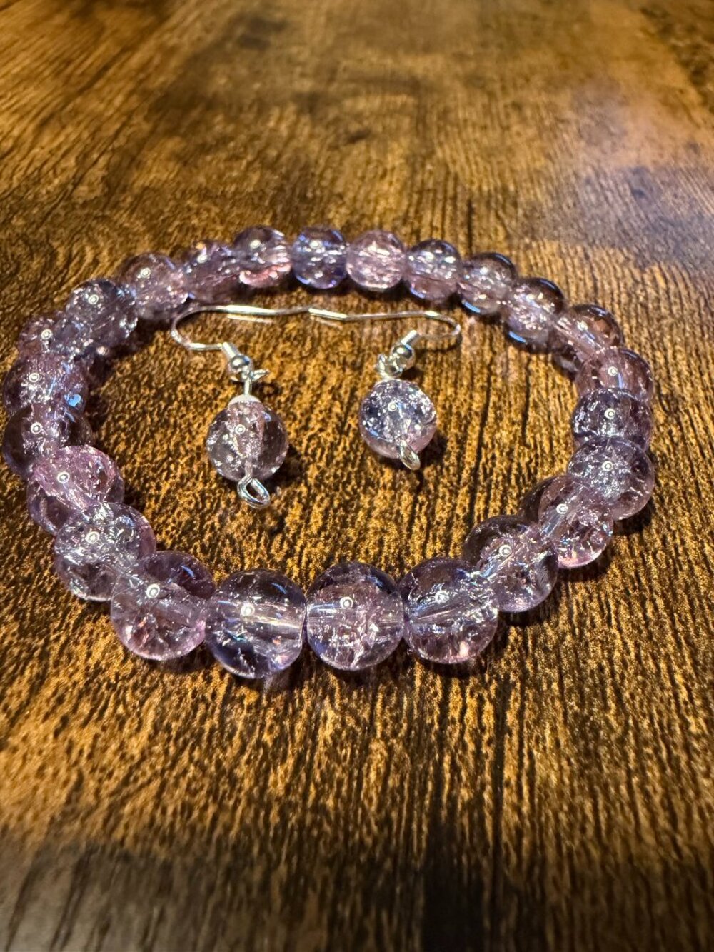 🔮 Lavender Ice Crystal Stretch Bracelet & Matching Crackle Pearl Earring Suite